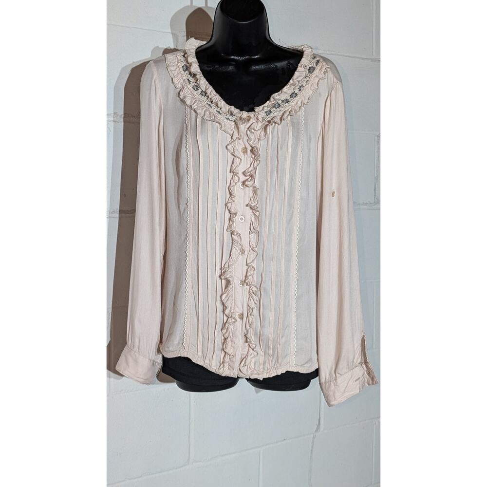 iLook Ruffled Blouse Top Long Sleeve Button Down Embellished Collar Large